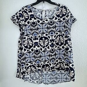 Rachel Zoe Womens‎ Shirt 1X Linen Blend S/S Coastal Blue Paisley Beach Coastal